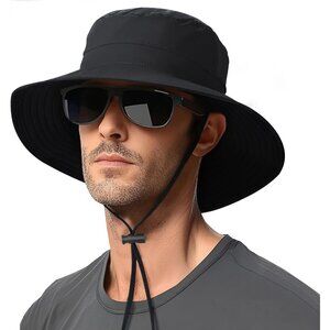 Unisex Black 100% Nylon Wide Brim Uv Protection With Chin Strap Hunting Sun Hat